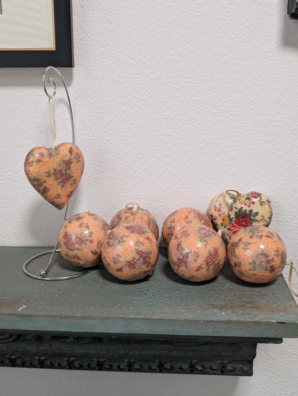 Vintage Paper Mache Decoupage Heart & Ball Ornaments Roses Cottagecore Lot of 8